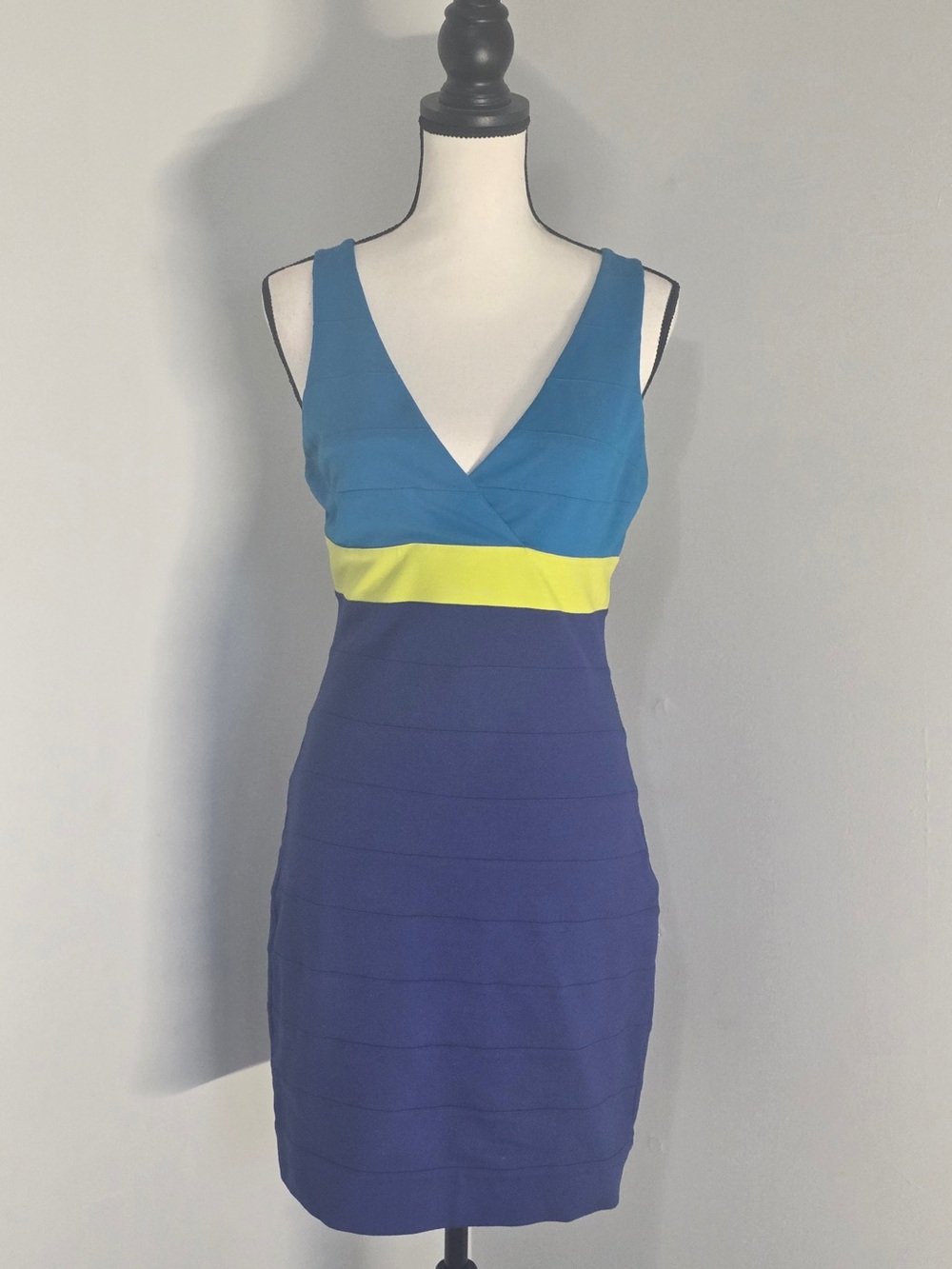 Express Colorblock V-Neck Mini Dress in Teal, Yellow & Royal Blue